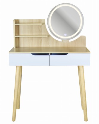 Toaletka kosmetyczna z lustrem LED - SCANDI biała / buk