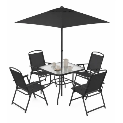 Zestaw mebli ogrodowych - 4x krzesło, stół, parasol